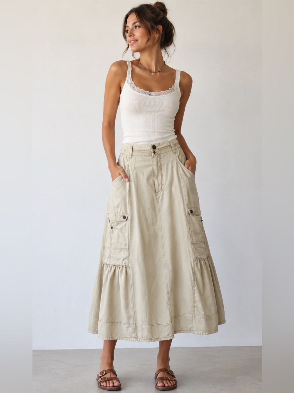 Free People grunge  Cream Cargo Maxi Skirt